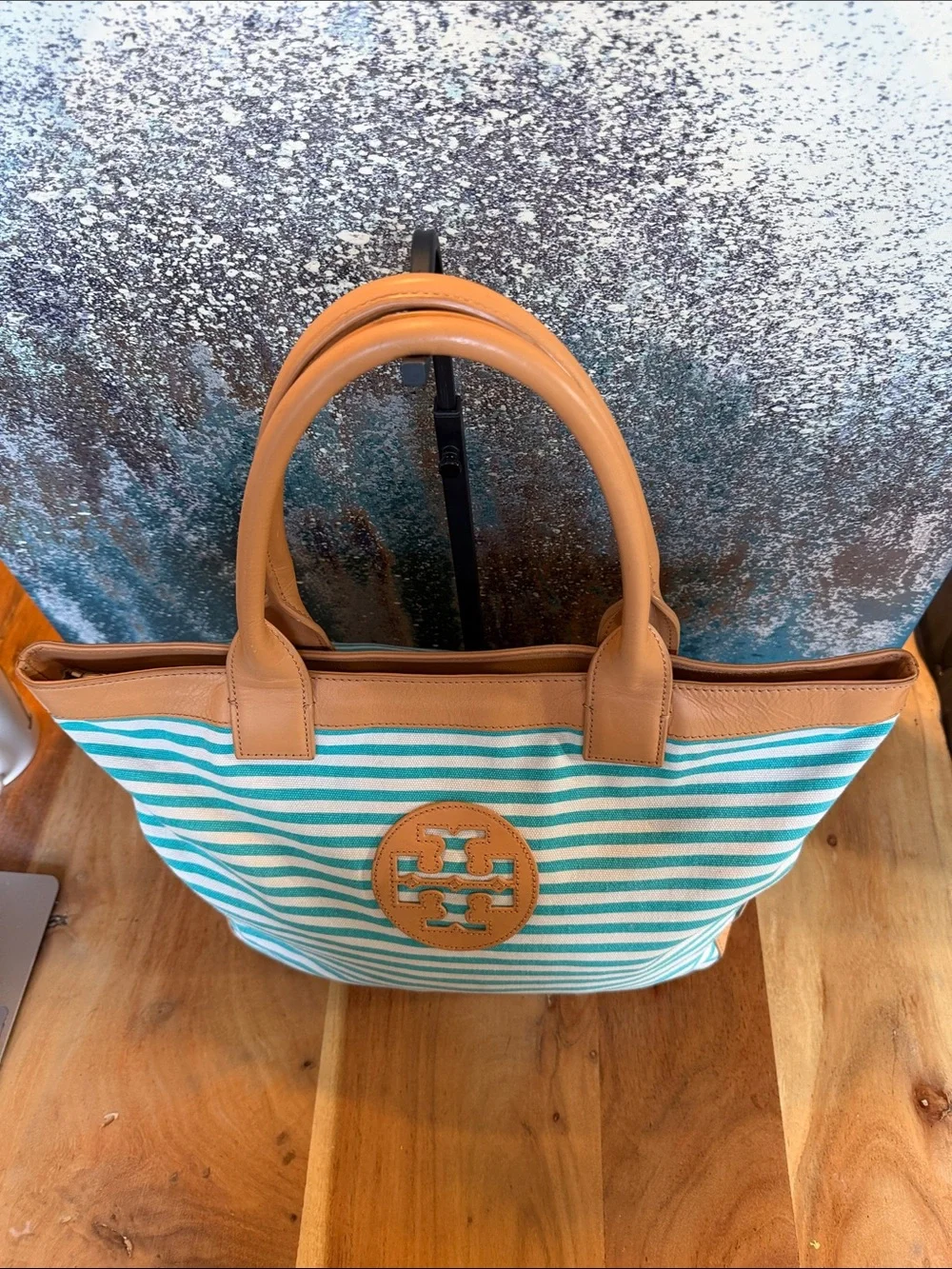 Tory Burch Rare Coastal Grandmother 2010’s Sophia Striped Canvas Tote Aqua GUC